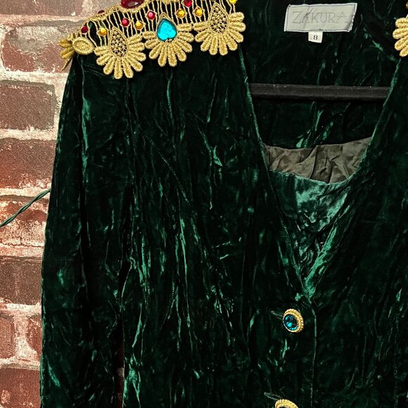 VTG Zakura Emerald Green Crushed Velvet Midi Dress Jeweled Epaulettes Size 8 - Picture 4 of 10